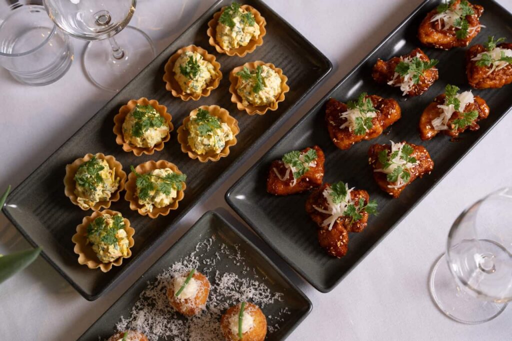 Gourmet appetizers on platters