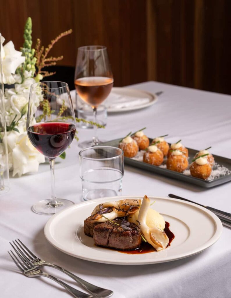Steak dinner with wine.